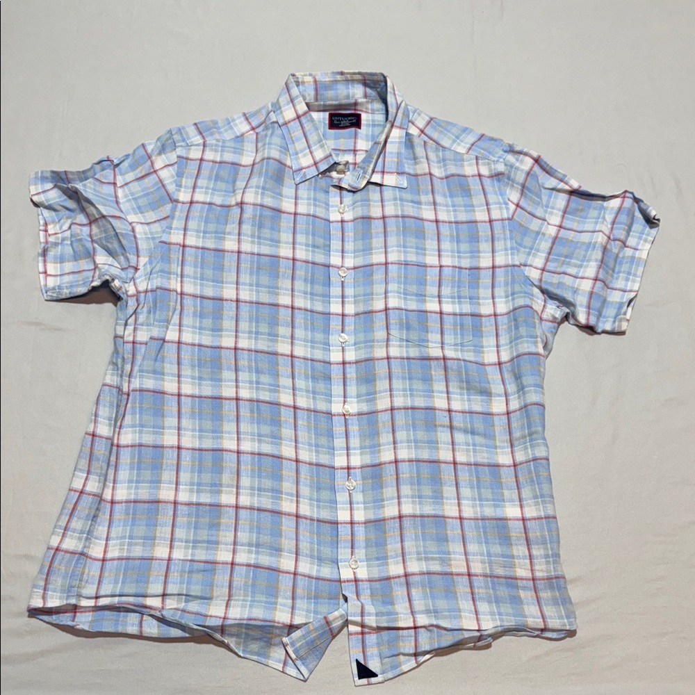 Men’s UNTUCKit Light Blue and White Plaid Short-Sleeve Button-Down Shirt Size L